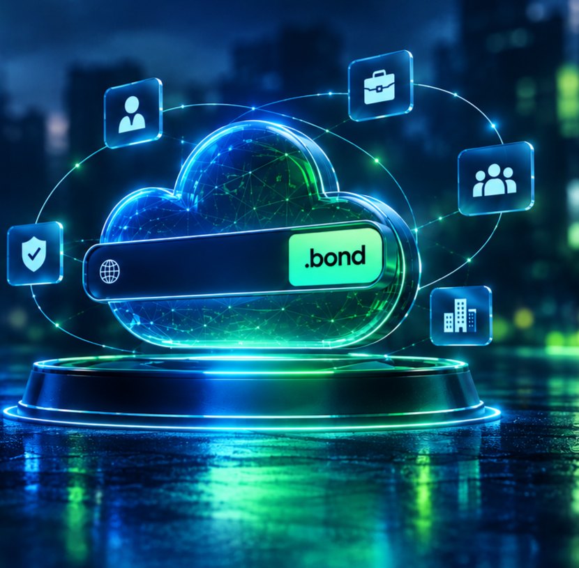 A glowing cloud with a .bond address bar on a pedestal